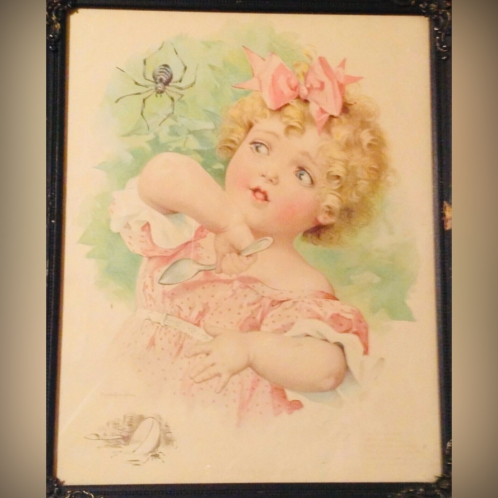 Maud Humphrey 1901 Original Color Framed Art Print Little Miss Muffet Antique